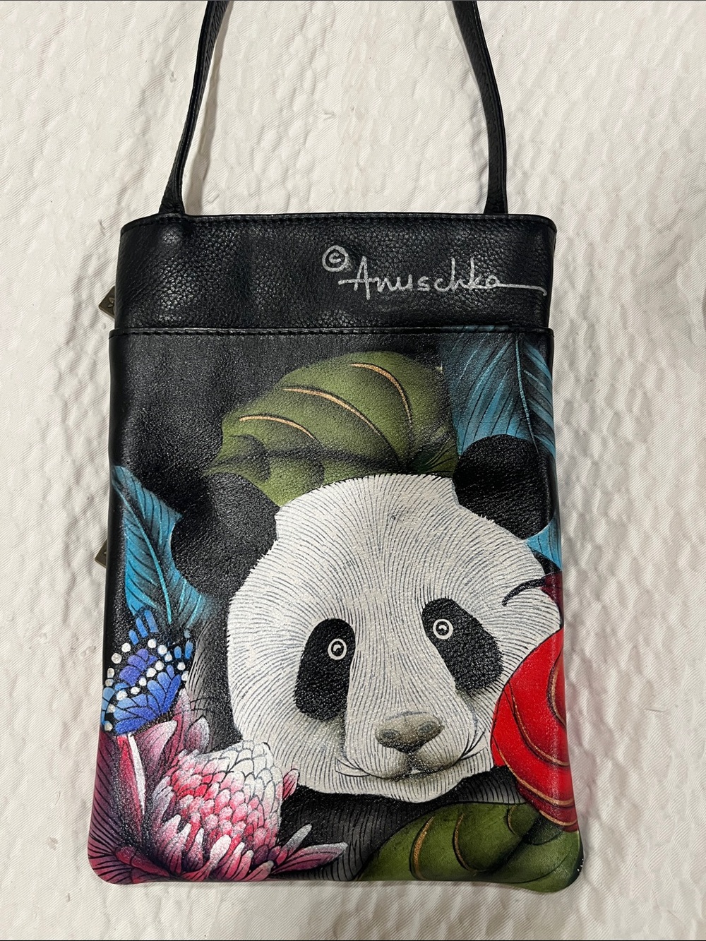 Anuschka Black Painted Panda Crossbody Bag Floral Accents Brand new!
